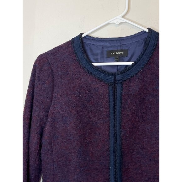 Talbots Boucle Tweed Jacket Blazer Hook Closure Wool Blend Navy Wine Trim Size 8 - Picture 3 of 9